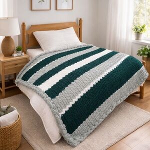 Hand Knit Cozy Striped Knit Blanket - Green, Sage, and White 48”x56”